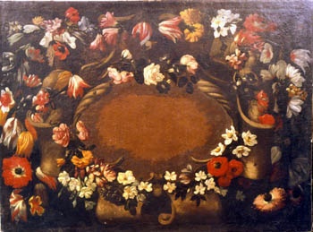 E_B0010A.jpg - Scuola dell'Italia Meridionale, Fiori policromi intrecciati, dipinto olio su tela, sec. XVIII.