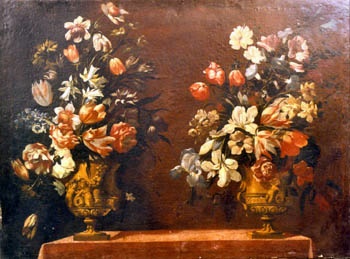 E_B0011A.jpg - Scuola dell'Italia Meridionale, Vasi colmi di fiori, dipinto olio su tela, sec. XVIII.