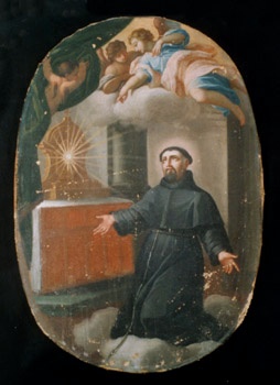 E_B0061A.jpg - Ambito siciliano, Santo francescano in preghiera, dipinto olio su tela, sec. XIX.